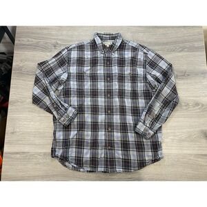 Duluth Trading Co Button Down Shirt Mens XLarge Grey Cotton Plaid Long Sleeve